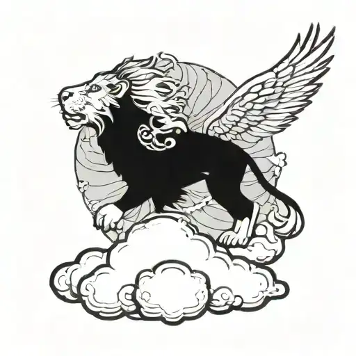 A Lion Riding A Cloud With A Dove In The Background