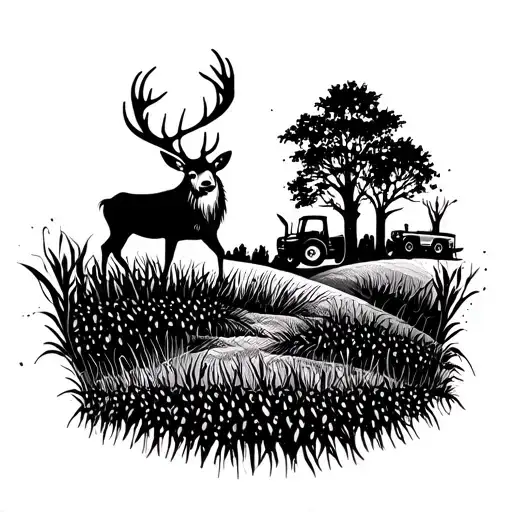Deer On A Hill With Corn And Trees And A Tractor