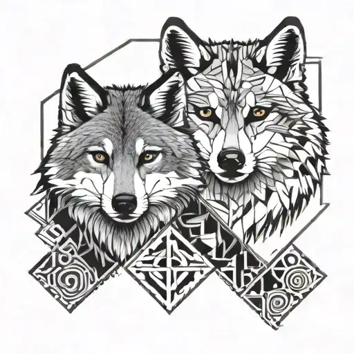 A Wolf And Raccoon Standing Side By Side In A Stylized Geometric Design