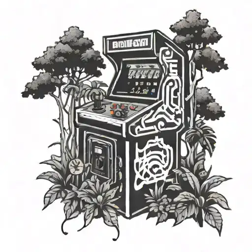 A Blackwork Tattoo Of A Retro Arcade Machine Surrounded By A Dense Forest Setting