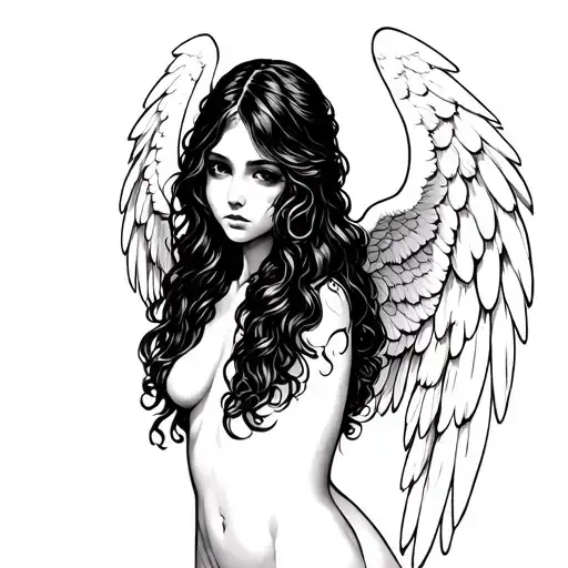 Naked Girl Angel In Full Height Black And White Cute Beautiful