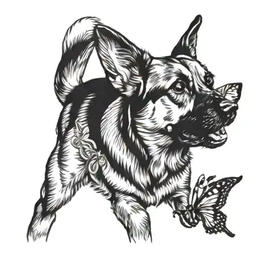 German Shepard Beagle Mix Full Body Side Profile Looking Up With Butterfly On Nose