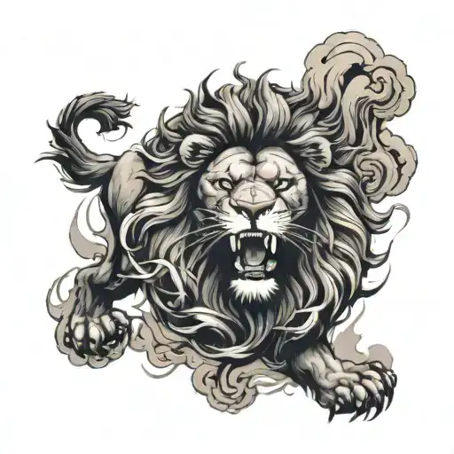 A Roaring Lion Emerging From A Stormy Cloud