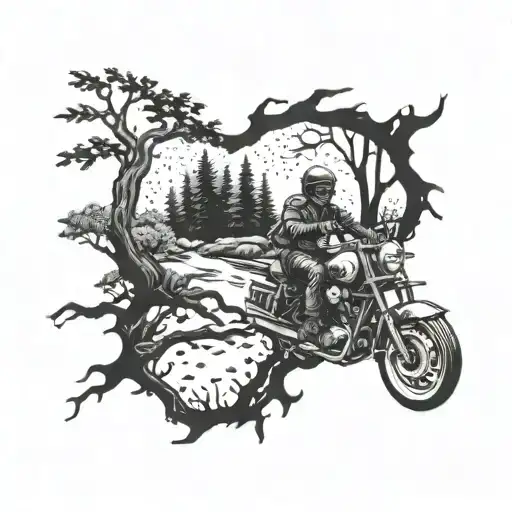 A Motorcycle Riding Through A Forest With Various Animals