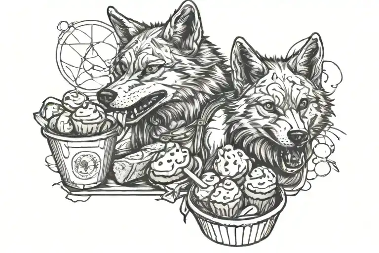 Wolf Smiling Eating Muffins With A Bag Of Muffins At His Legs