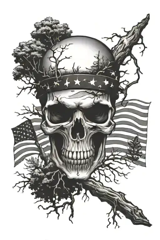 Skull And Trees And America Flag