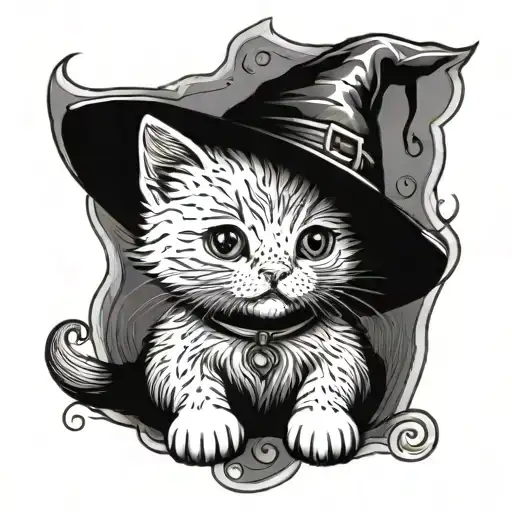 A Little Kitten With A Witch Hat In Front Of A Pumpkin