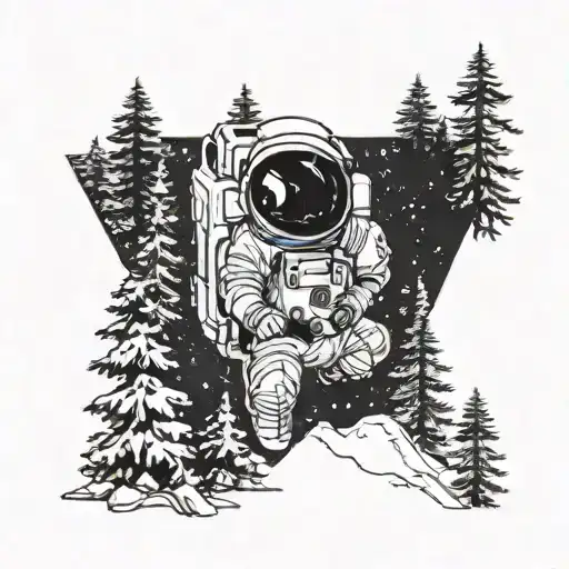 Astronaut Exploring A Galaxy Made Of Pine Trees And Mountains