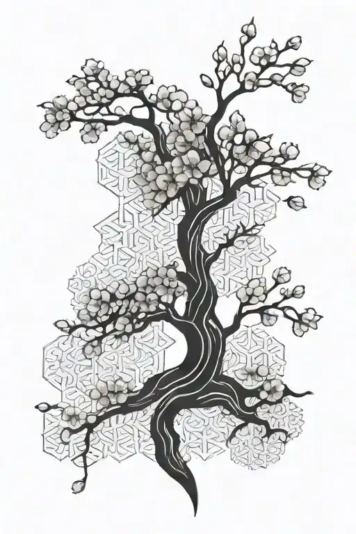 A Cherry Blossom Tree With Intricate Geometric Patterns Incorporated Into The Petals