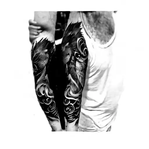 A Sleeve Tattoo Of A Crow And A Tree