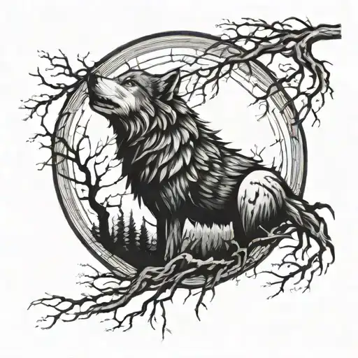 Wolf Face Moon And Creepy Tree