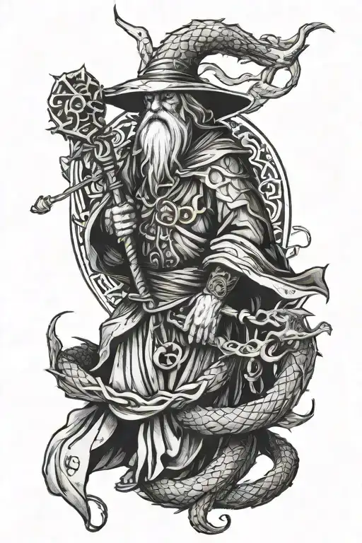Wizard With A Staff Wrapped In A Dragon