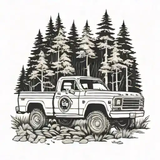 A Detailed Blackwork Tattoo Of A Vintage Pickup Truck Surrounded By A Forest Landscape