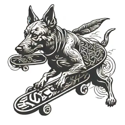 Drug Dealer Inspired Tattoo Of A Dog Holding A Skateboard Like A Weapon