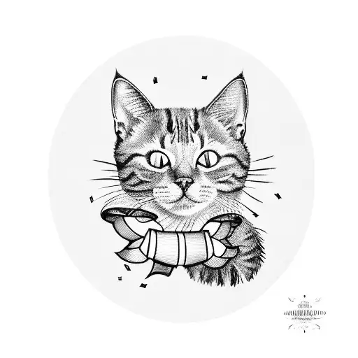 A Whimsical Blackwork Tattoo Of A Cat Playing With A Ribbon In A Cottagecore Setting