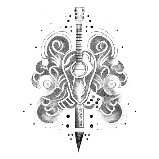 A Blackwork Tattoo Of A Guitar Merging With A Paintbrush