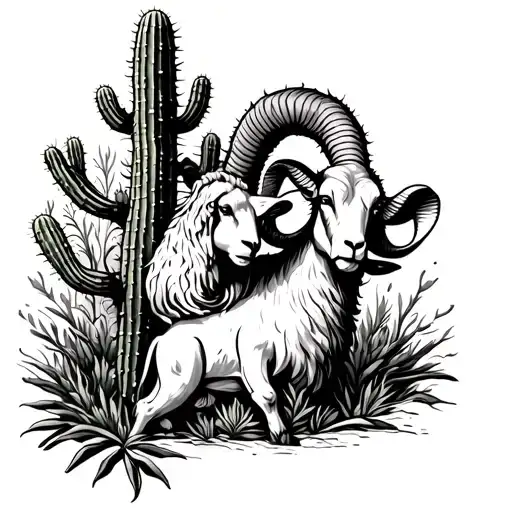 Wise Ram In An Embrace With A Cactus