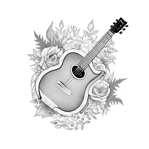 A Blackwork Tattoo Of A Guitar Surrounded By Nature Elements
