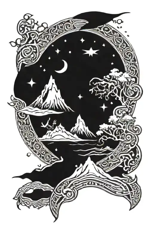 Norse Sea Creature Runic Druidic Nature Abstract Cosmic Ocean Mountain Landscape