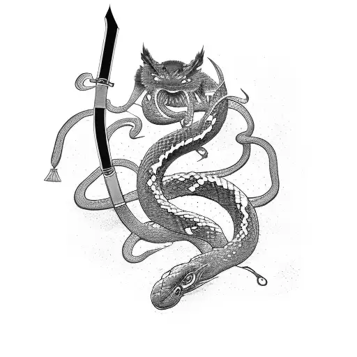 Japanese Halfmasck With A Katana In The Midle With A Snake Crowling On It