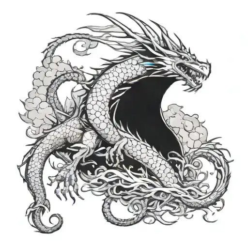 A Tattoo Design Featuring A Dragon Hunting In The Country Side