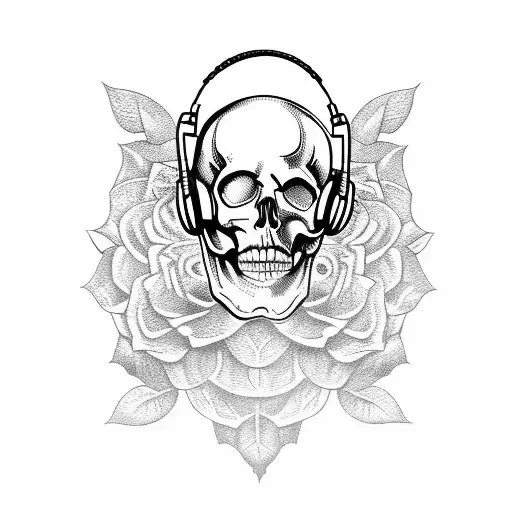 A Skull Wearing Headphones Surrounded By A Vine Of Black Roses