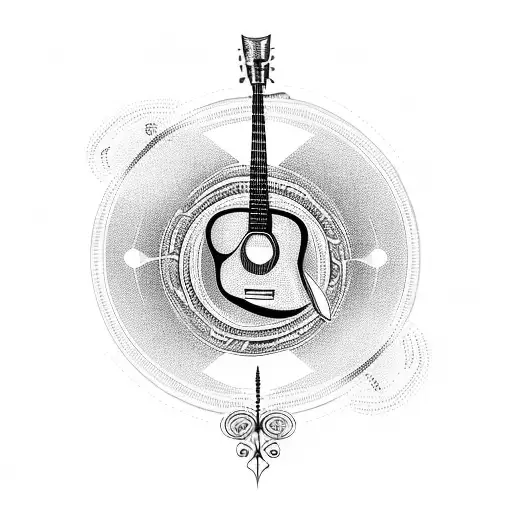 A Blackwork Tattoo Of A Guitar With Musical Notes Swirling Around It