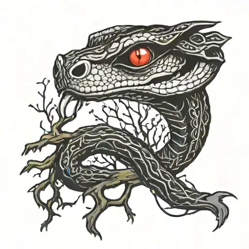 Cobra With Red Eyes Wrapped Around A Tall Dead Tree