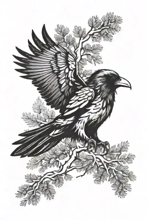 Flying Raven Against The Background Of A Coniferous Forest