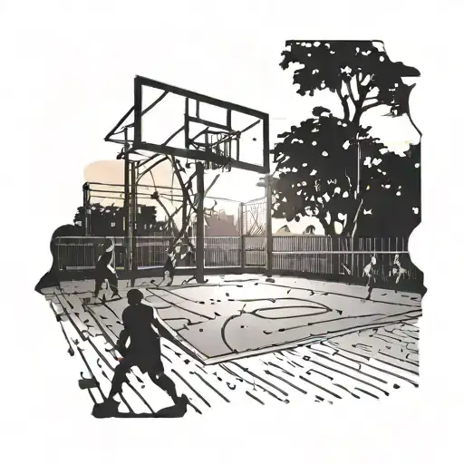 A Basketball Court At Sunset With Shadows Of Animals Playing A Game In The Background