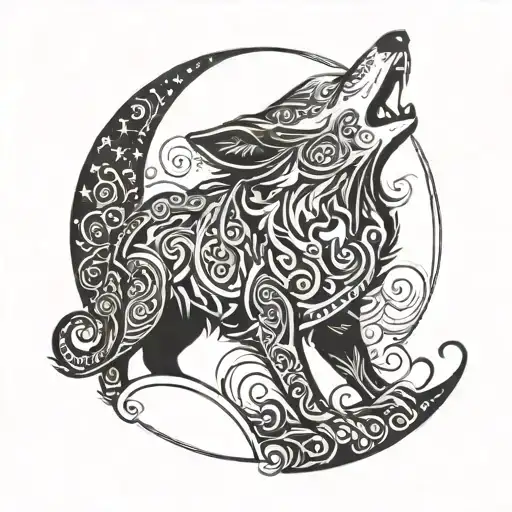 A Celestial Wolf Howling At The Moon With Intricate Tribal Patterns Incorporated Into The Design