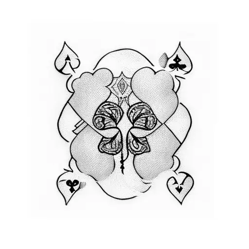A Blackwork Tattoo Of A Playing Card With A Five Leaf Clover Pattern On It