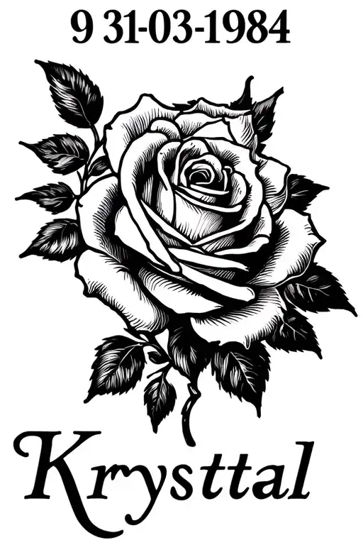 Krystal Name In Cursive With Roman Numerals Of The Birthday 03-03-1984 With Rose