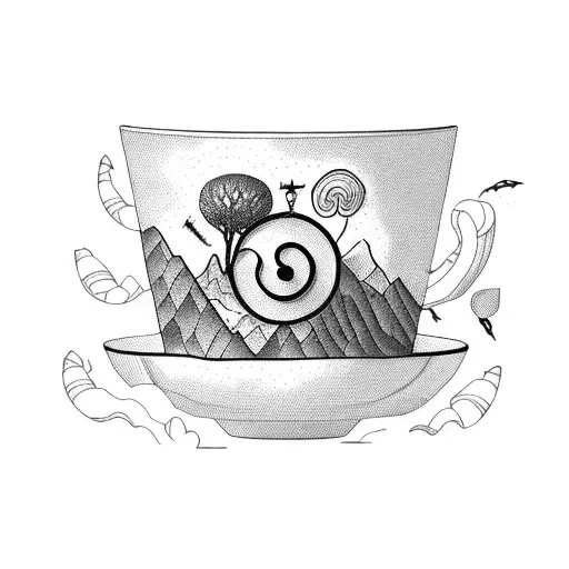 A Tim Burton-inspired Hiking Trail Winding Through A Coffee Cup Filled With Mountains