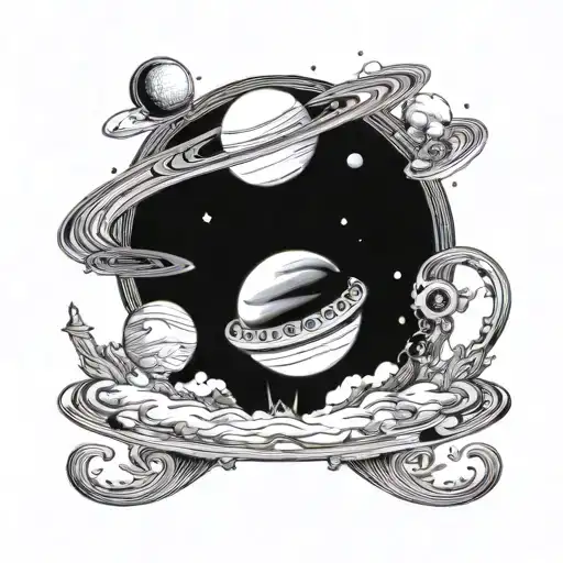 Saturn With Sun Rising Behind And Galaxies And Ships In The Distance