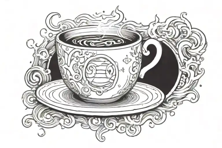 Coffee Cup With Steam That Turns Into Sun And Moon With Saturn And Venus