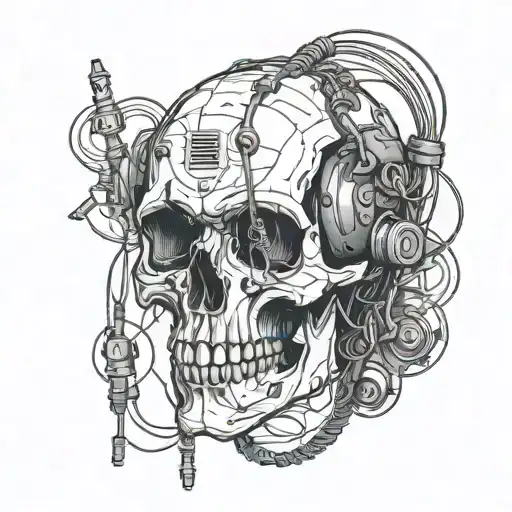 Robotic Skull With Wires Hanging And Black Smoke Coming Off The Skull