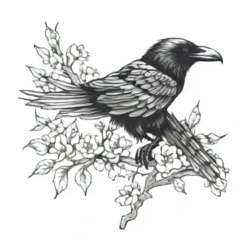 Flying Raven In Branches And Flowers