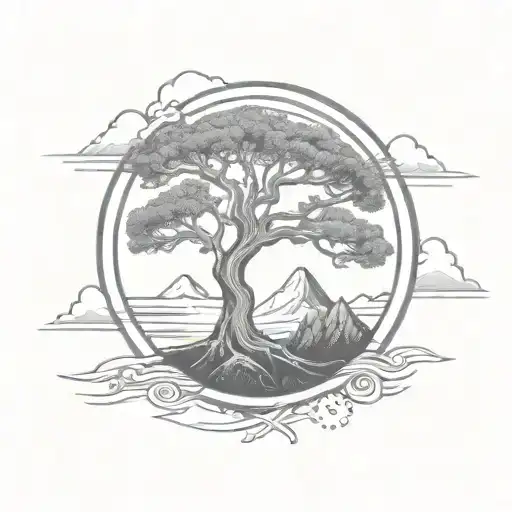 Tree Of Life In A Circle With Mountains In The Background And Patterned Shading Around The Outside