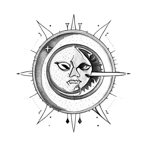 A Dagger That Has A Scale And On Each Side Of The Scale Is A Sun And Moon