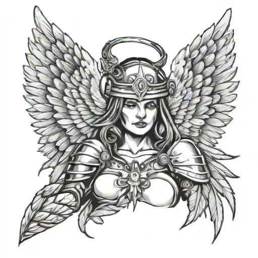 Angel Mom With A Warrior Helmet And Wings Made Of Feathers