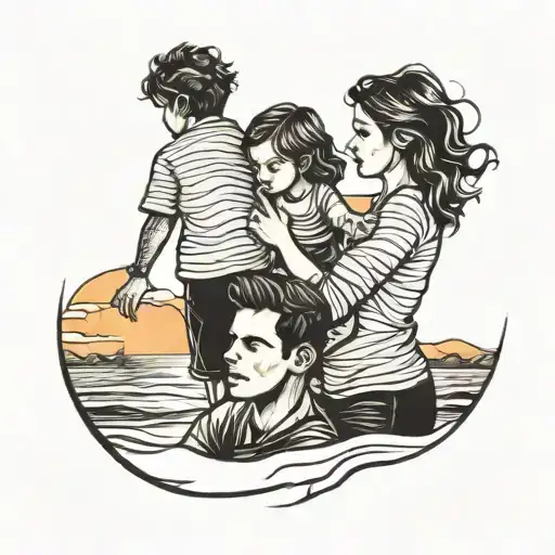 Vector Dad With A Daughter And Son At The Beach With A Sunset On The Ocean