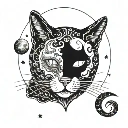 A Cosmic Scene With A Human Figure Gazing Up At The Sky While Wearing A Cat Mask