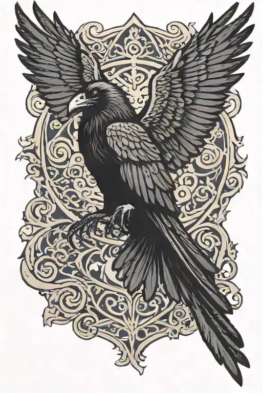 Raven With Outstretched Wings And Gothic Ornamentation Around