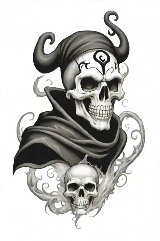 Jester Skull With Smoke Swirling And One Of The Eyes Is The 8 Ball Prison Style