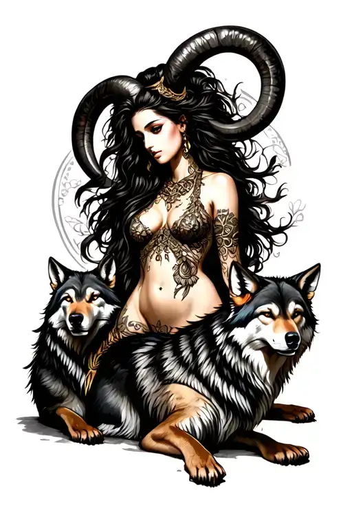 Aries Sexy Goddess Surrounded By Wolfs