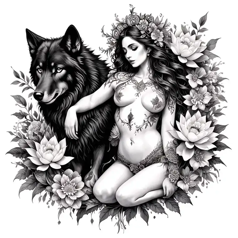 Aries Sexy Goddess Surrounded By Poeny And Lotus Flowers And Black Wolf