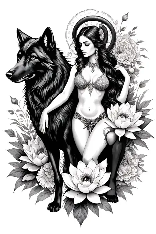 Aries Sexy Goddess Sitting Surrounded By Poeny And Lotus Flowers And Black Wolf