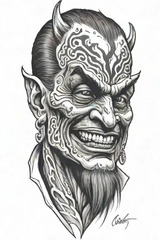 A Sketch Tattoo Of Gunter O'dimm As A Demon With A Sly Smile