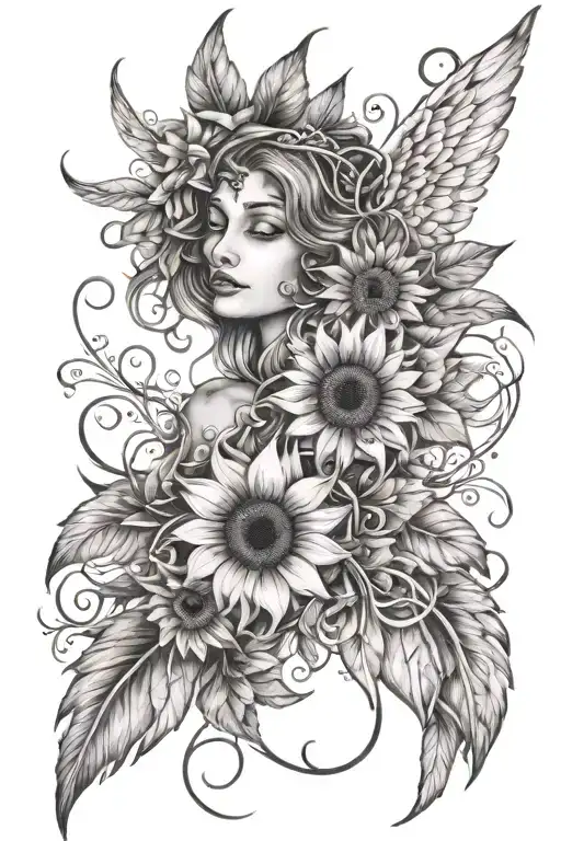 Floral Sunflower Vine And Angel Wings And Feathers